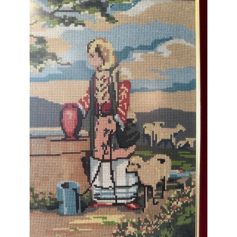 Vtg Greek Needlepoint Wall Art Pair Framed Traditional Evzone & Woman 28